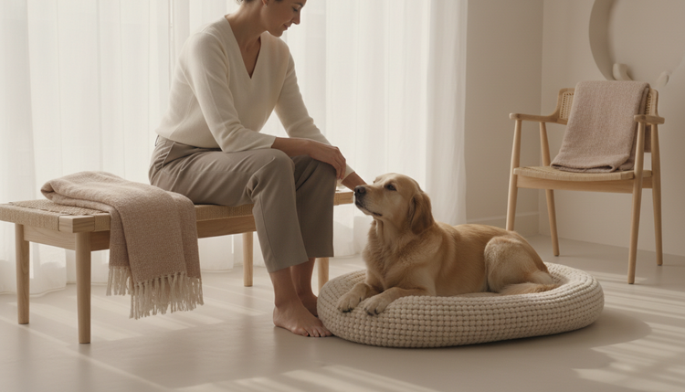 Golden retriever resting in a bright, clean living room